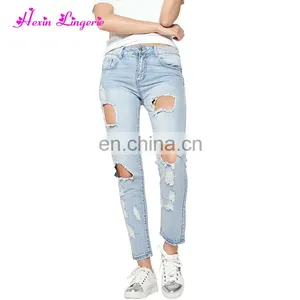 Wholesale No Moq Summer Women Denim Light Blue Ripped Jeans thumbnail-2