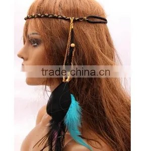 Feather Hair Band,Boho Chic Hairband With Beads,Wedding Party Hairband thumbnail-3