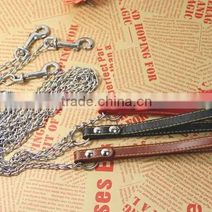 Pet Leashes Metal Chain Lead With Leather Handles thumbnail-3