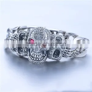 21CM Cool Skull Red CZ Stone Silver Bracelet For Men thumbnail-5