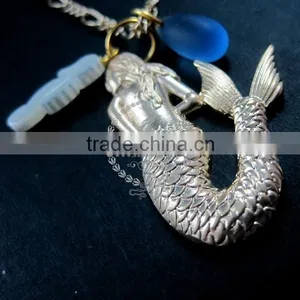 25x37mm Matte Gold Brass Mermaid Shell Sea Horse With Drop Blue Sea Glass Pendant Charm Fashion Women Necklace 6310009 thumbnail-3