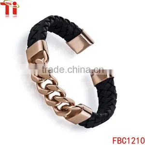 2016 Fashion Gold Plated Stainless Steel Clasp Bracelet Genuine Leather Bangle thumbnail-2