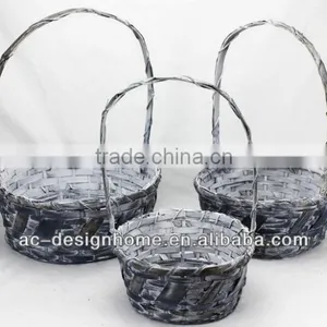 S/3 DK. BLUE WASH ROUND BAMBOO CHIP BASKET W/HANDLE thumbnail-1
