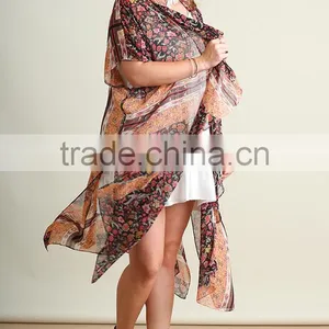 Cardigan Muslim Style Women Abaya Polyester Bohemian Print Chiffon Long Line Open Cardigan Guangzhou Lady Plus Size Clothing thumbnail-5