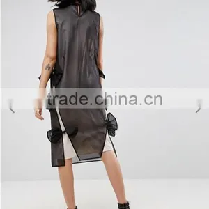 Summer Dress For Women Black Lightweight Organza Contrast Lining Crew Neck Bow Detail Midi Organza Dress thumbnail-2