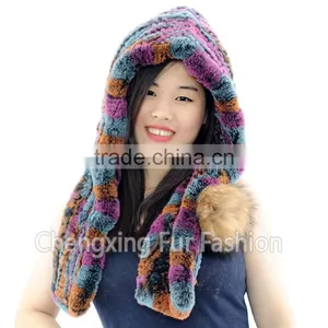 CX-C-242F Ladies Hand Knit Rex Rabbit Fur Hooded Scarf Winter Hats Women thumbnail-5