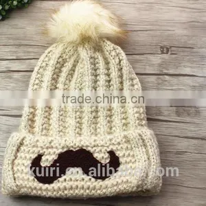 Cartoon Smile Face Lovely Acrylic Knitted With Faux Fur Ball Beanie Women Men Autumn Winter Cap Warm Hat thumbnail-5