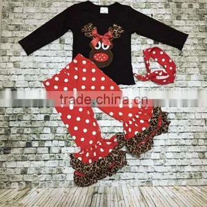 Christmas New Design X-mas Outfits Baby Kidswear Reindeer Leopard Clothes Red/white Dot Ruffle Pant With Accessories thumbnail-1