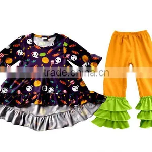 Wholesale Girls Boutique Outfits Halloween Clothes Baby Girl 2Pcs Set Children Flutter Pumpkin Appliqued Baby Clothes thumbnail-4