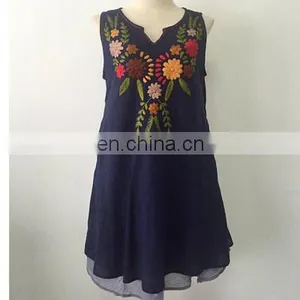 Beautiful Collection 100% Cotton Fabric Tunic Elegent Hand Embroidery Mexican Style Fashion Long Blue Tunic Dress thumbnail-1