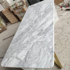 Modern Design Style Rectangular Shape Stone Marble Dining Table Tops Golden Stainless Steel Pedestal Base for Decoration thumbnail-2