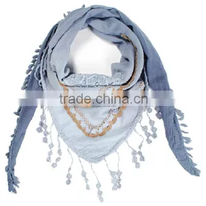 Cotton Flower Plain Triangle Scarf With Short Tassel Fringe thumbnail-3