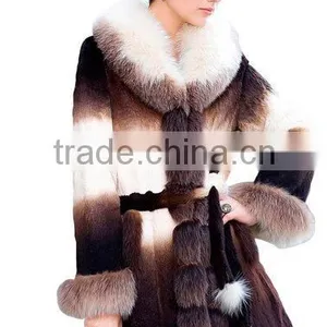 Long Women's 100% Real Rabbit Fur Coat With Fox Trim With Fox Collar thumbnail-1