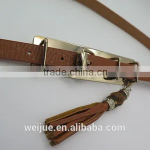Leather Fashion Skinny Belt With Tassels and Wood for Women thumbnail-2