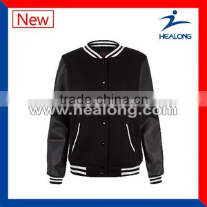 Knitted Rib Collar Men'S Leather Sleeves Baseball Jacket thumbnail-1