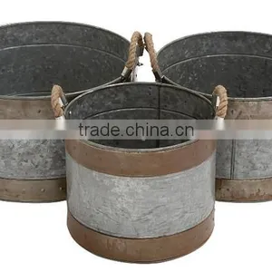Large Round Galvanized Planter,Traditional Rustic Set of 3 Metal Galvanized Planter Home and Garden With Jute RopeDecor thumbnail-1