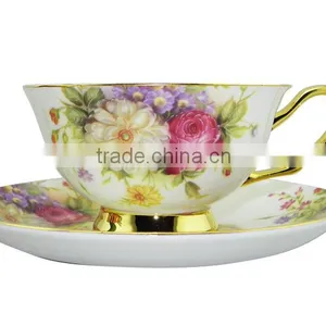 High Quality 200ml Bone China European Style Flower Pattern Coffee Mug With Saucer Set for Valentines Gift thumbnail-1