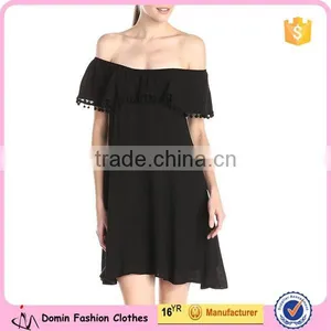Frill Layer Neckline With Pom Trim Women's Off Shoulder Dress thumbnail-1