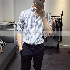Cultivate One's Morality Men Striped Sleeves Shirts Washed Cotton Embroidery thumbnail-4