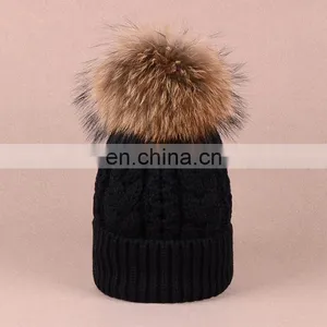 Jumbo Genuine Raccoon Fur Pom Balls Hats Knitted Twist Pattern Hats thumbnail-5