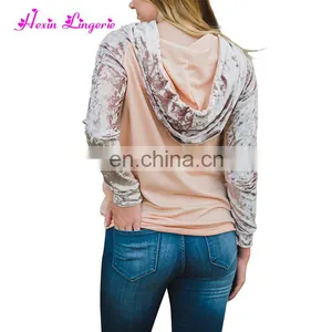 Factory Price Pink Plum Velvet Latest Design Crewneck Sweatshirt With Pockets thumbnail-5