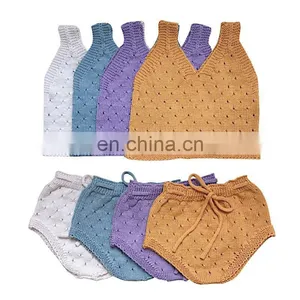 100% Cotton Knitted Kid Girl Knitted 2pcs Set On Crop and Short Sets for Knitted thumbnail-1