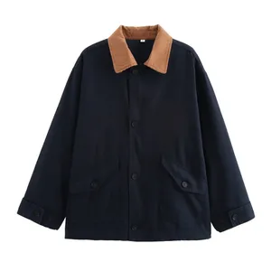 New Style Women's Retro Loose Casual Long-sleeved Color-matched Patchwork Button-down Blazer With Collar thumbnail-3