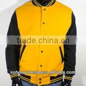 Yellow Varsity Letterman Jacket With Black Leather Sleeves thumbnail-1