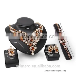 18K Gold Plated Pearl Rhinestone Crystal Necklace Wedding Ring Party Gift Costume Pearl Bridal Jewelry Sets thumbnail-4
