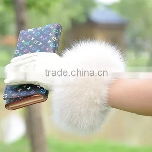 Top Luxury Fashion Desgin Beautiful Fox Fur Wrist Ladies Sheepskin Leather Gloves thumbnail-1