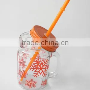 Hot Sale Snowflake Surface Handling Glass Cold Drink Jar With Straw thumbnail-4