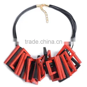 Red Black Wooden Square Pendant Choker Necklace Geometric Wood Choker Necklace Korea Wax Cord Choker Necklace thumbnail-1