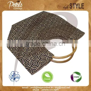 Jute Gift Bag With Round Handle for Weekend - Overall Print Shopping Tote - Cane Handle Bags thumbnail-5