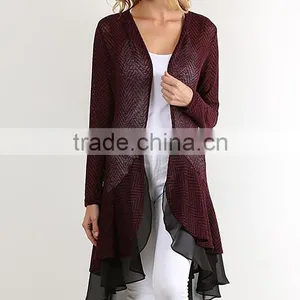 Stylish Girls Women Fashion Burgundy Layered Open Cardigan With Ruffle Hem Polyester Rayon Spandex Cardigan Wholesale thumbnail-3