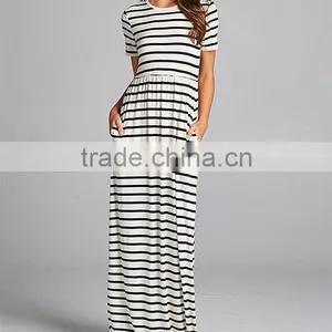 Elegant Long Nightgowns Black & White Stripe Short Sleeve Hidden Pockets Scoop Neck Gown Dresses Evening Muslim Dress Maxi thumbnail-4