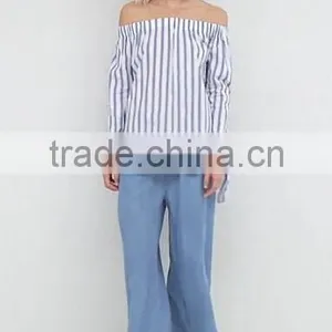 2017 Fashion Stripe And Tie Sleeve Off The Shoulder Top thumbnail-5