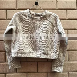 Stock Clothing Women Round Neck Grey Cropped Plain Cotton Sweatshirt thumbnail-1
