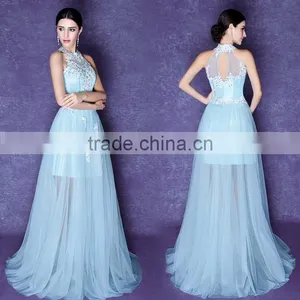 Light Blue Lace Mother of the Bride Halter Dress thumbnail-1