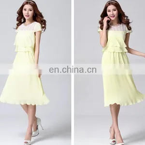 Cap Sleeve Layered Light Yellow Chiffon Long Dress With Lace and Pleats thumbnail-1