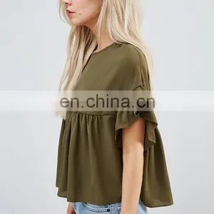 China Product Women Fashion Navy Blue Smock Top With Ruffle Sleeve thumbnail-2