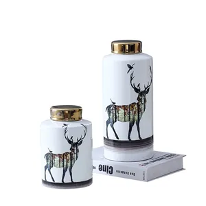 Nordic Style Deer Flower Graffiti Painting Cylinder Ceramic Dried Flower Storage Vases Set For Dining Room thumbnail-1