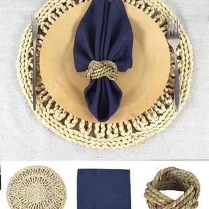 Cheap Wholesale Round Shaped Rattan Place Mat Blue Napkin Cloth And Rattan Napkin Ring For Wedding Budget Event Decoration thumbnail-4
