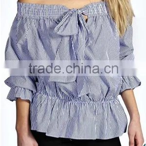 2015 China Manufacturer Customized Ladies the Latest Design Shoulder Striped Blouse thumbnail-2
