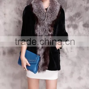 Rex14062 Newest Rex Rabbit Fur Coat With Silver Fox Fur Trim Black thumbnail-1