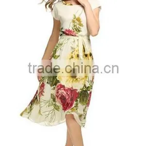 Women's Short Sleeve Crewneck Chiffon Floral Printed Midi Party Dress thumbnail-3