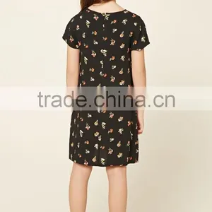 Wholesale Children's Boutique Clothing Girls Allover Floral Print Shift O-Neck Short Sleeves Knit Latest Dress Designs thumbnail-3