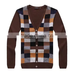 100% Fine Wool Men's Brown Pattern Knitwear Cardigan thumbnail-1