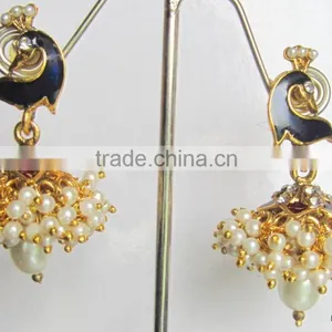 Peacock Pearl Gold Plated Dangler Jhumka EARRINGS thumbnail-2