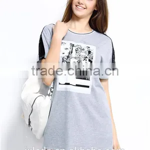 Fashion Women's Contracted Front Plastisol Printing Letters Embroidery Short Sleeve Longline T-shirt thumbnail-3