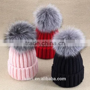 Hot Selling Beanie Hat With Snap and Big Size Silver Fox Fur Ball on Top thumbnail-1